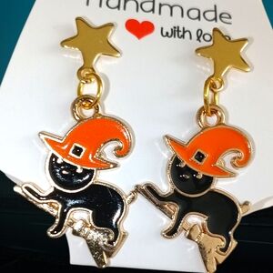 Handmade Black and Orange Cat Earrings